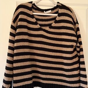Mustard Seed Black and Tan Striped V-Neck Sweater